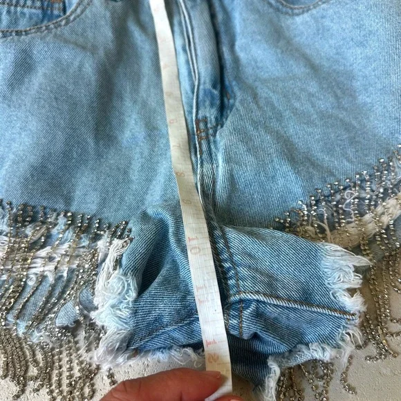 Forever 21 Distressed Rhinestone Fringe Jean Shorts 27 festival cowgirl rodeo - Picture 8 of 8